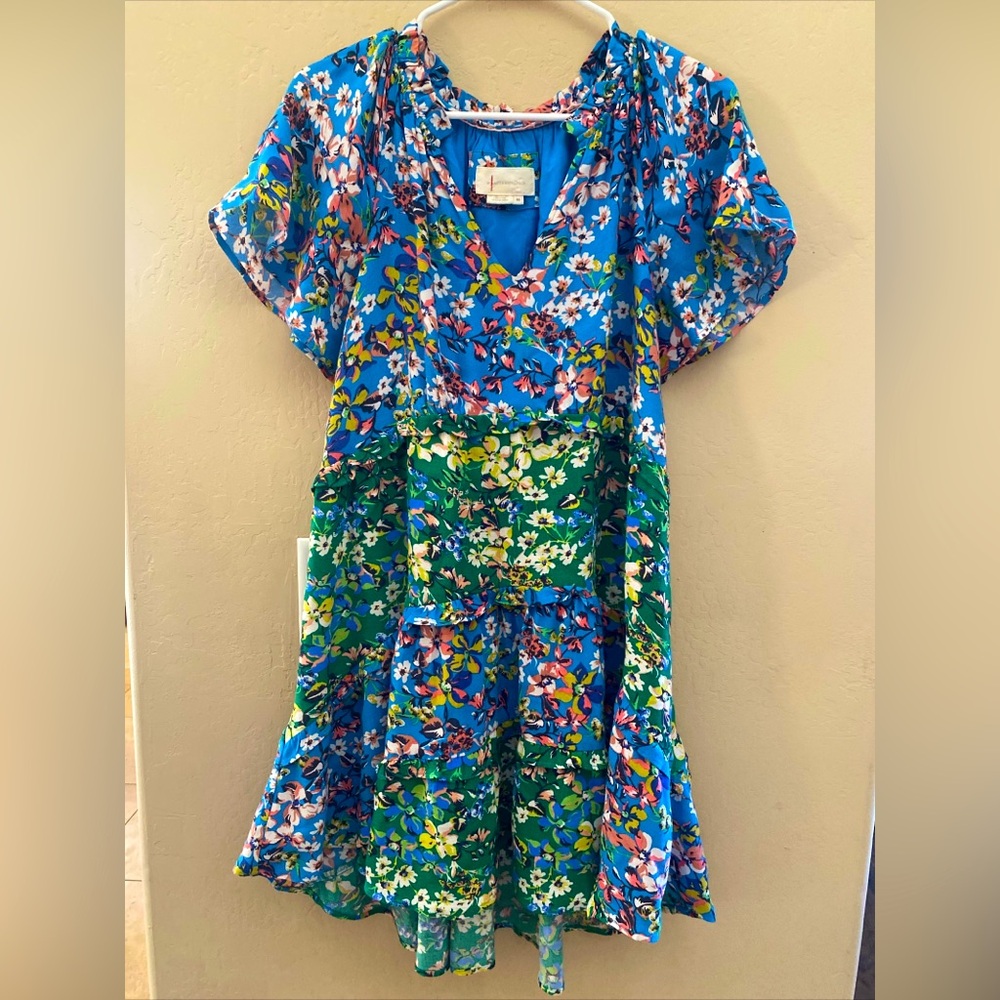 Anthropologie Dress Womens Small Robin Tiered Boho Mini Oversized Blue Floral XS